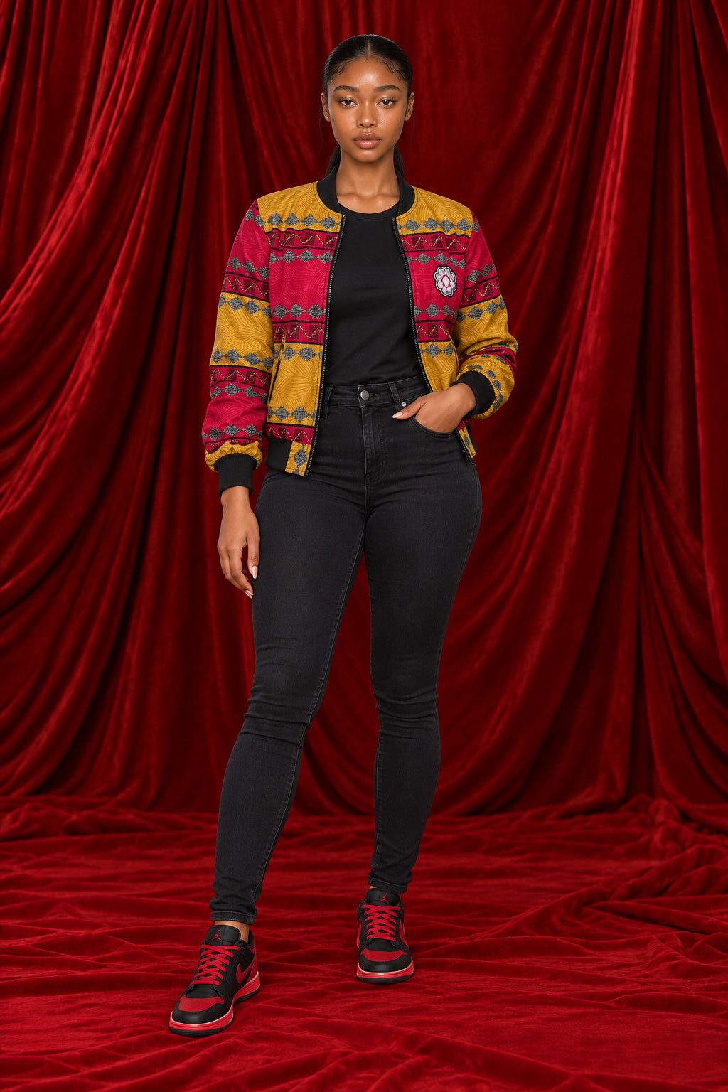 Full-length view of the Chepa Zola Summer Bomber Jacket with black jeans
