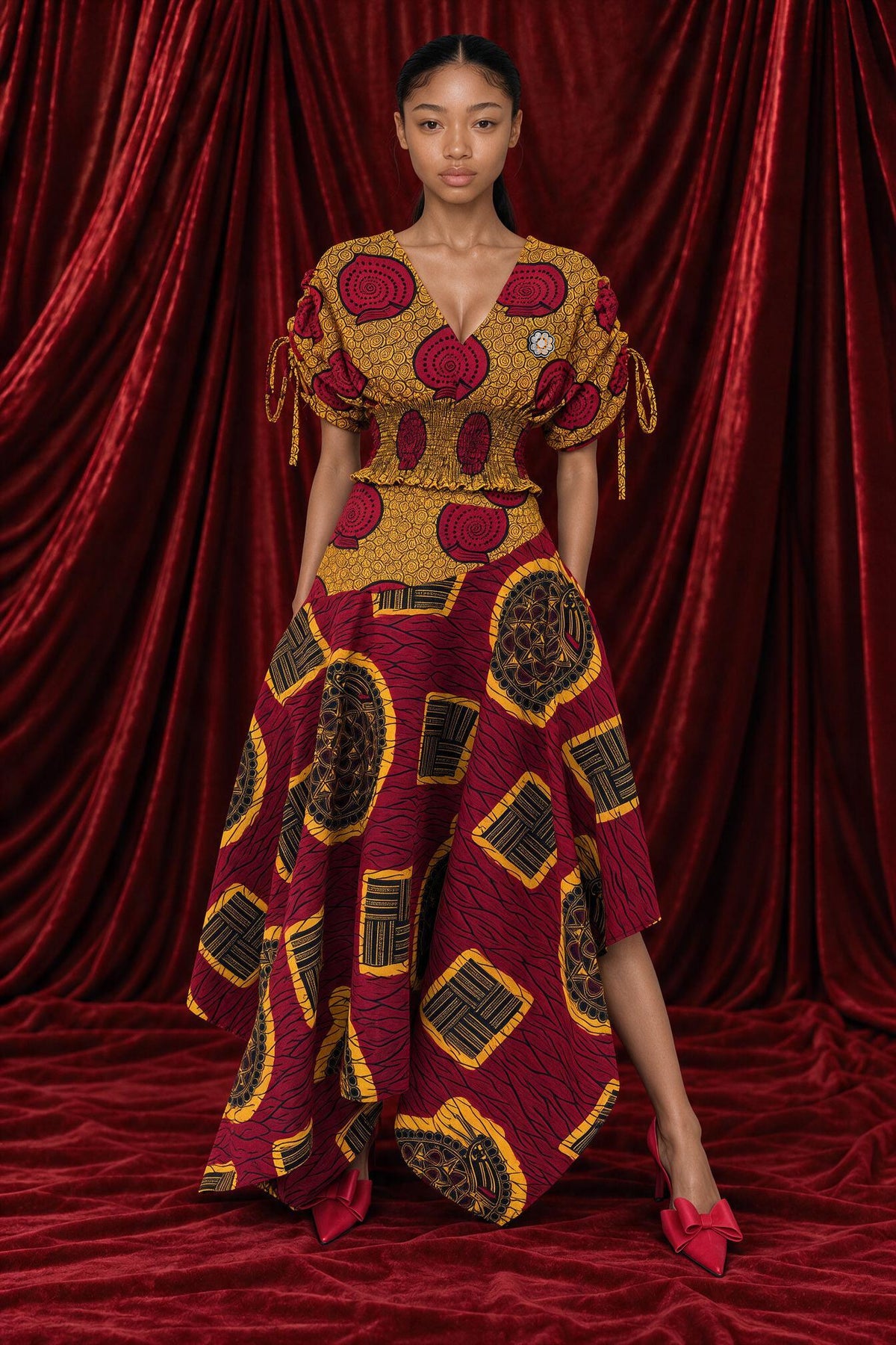 Langa Handkerchief Maxi Skirt in the red and ochre medallion print, front view, worn with the Langa Smocked Wrap Top
