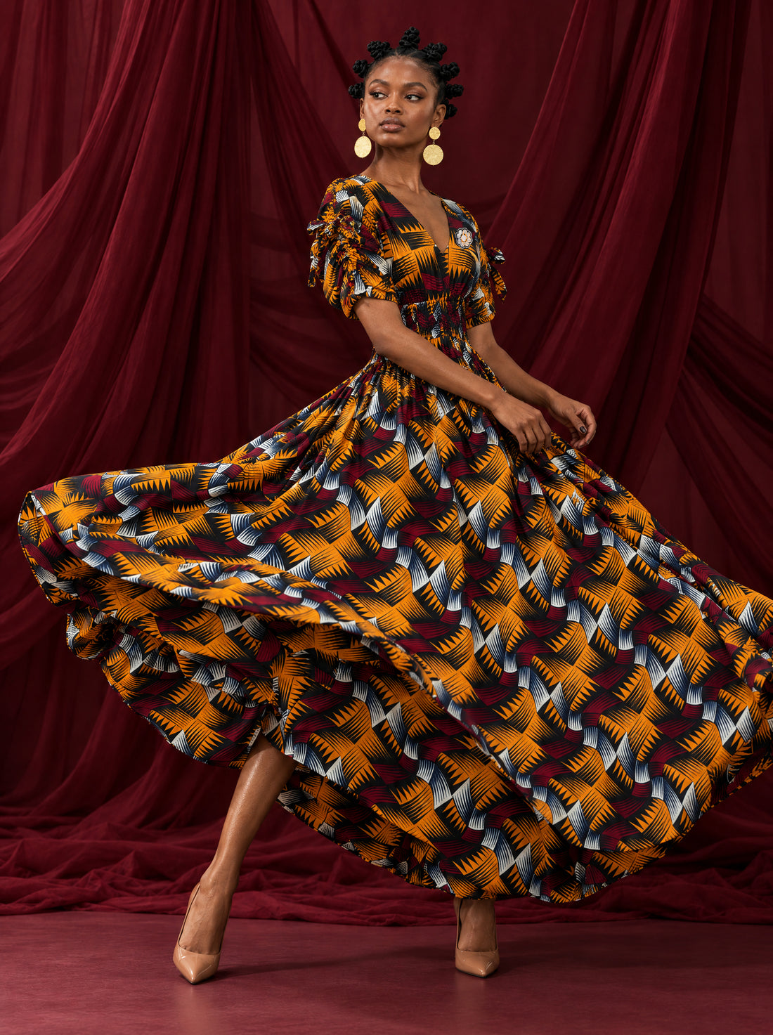 The full skirt of the Nala Ankara dress in movement.