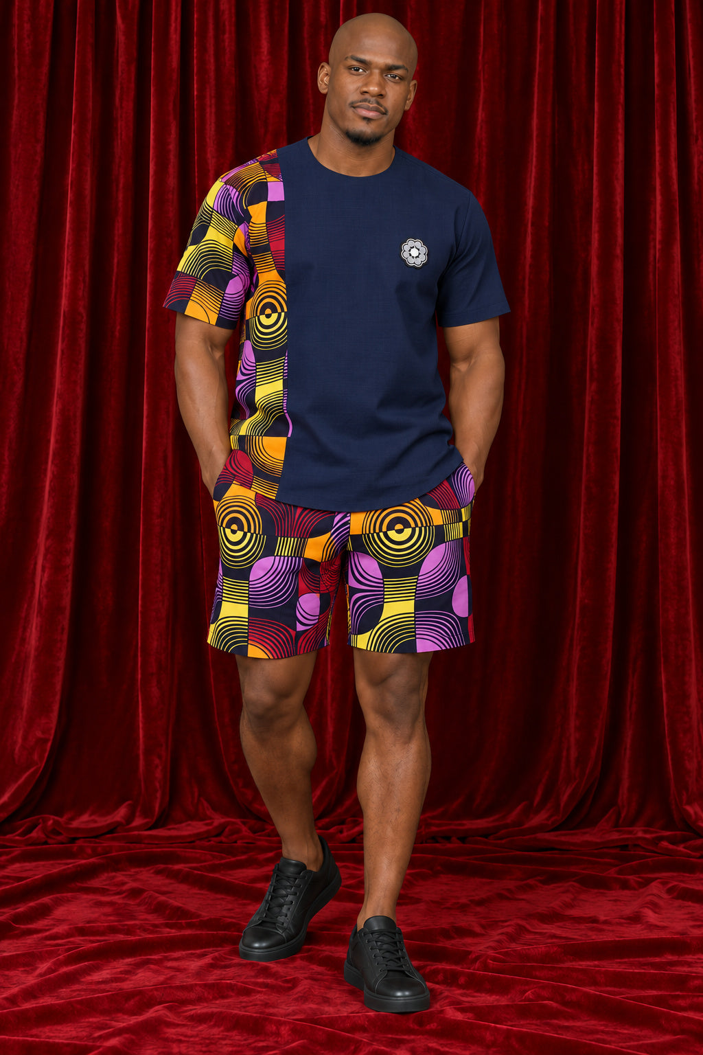Full-length view of the Chepa Kagiso Tee and Shorts Set in navy with a circle print