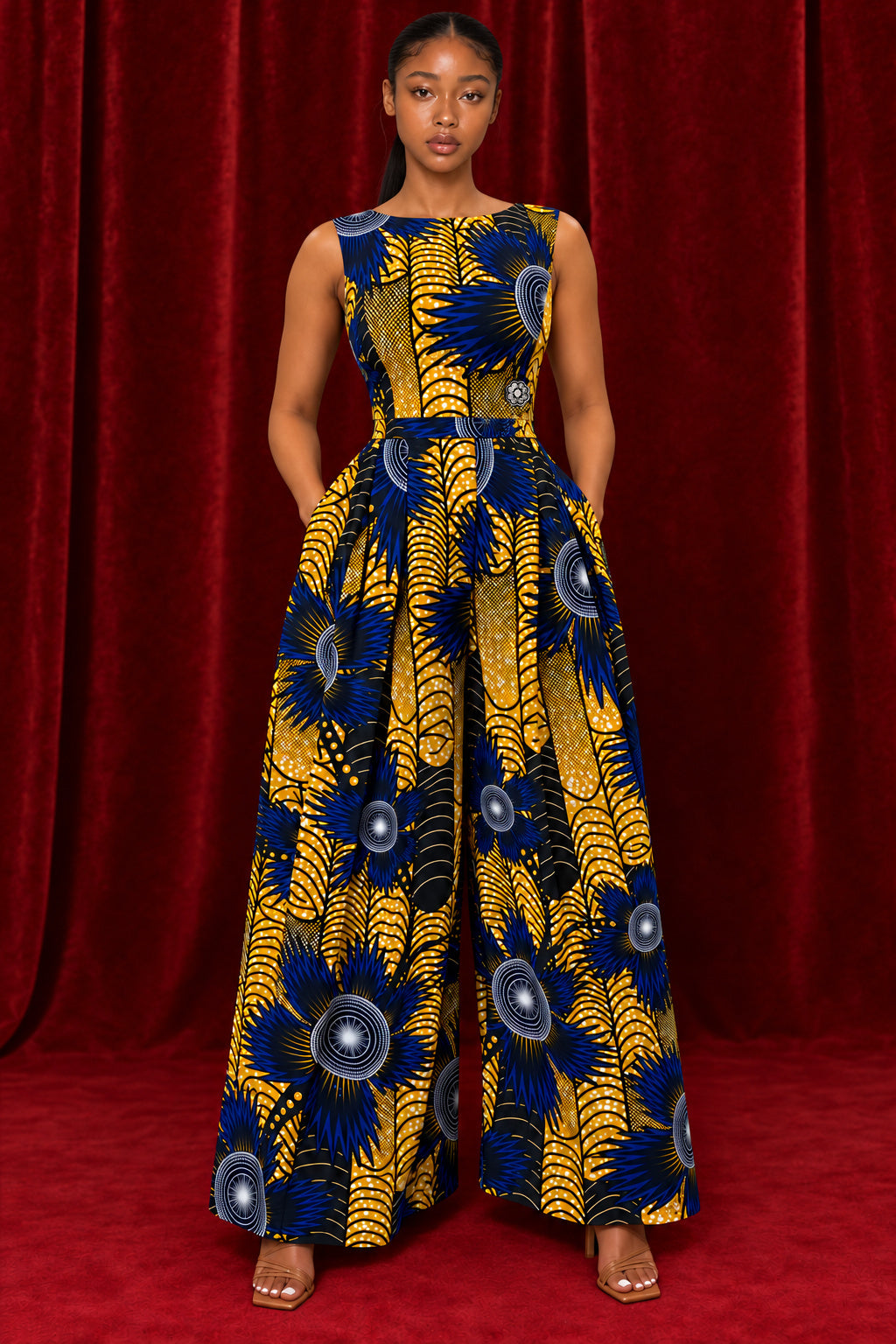 Full-length view of the Chepa Zinhle Wide-Leg Jumpsuit in a blue and gold floral print